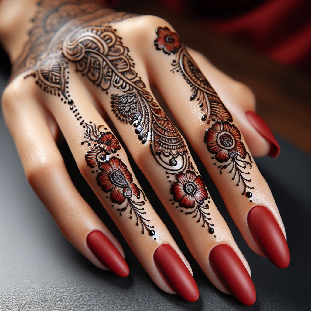 Red matte nails with black henna designs