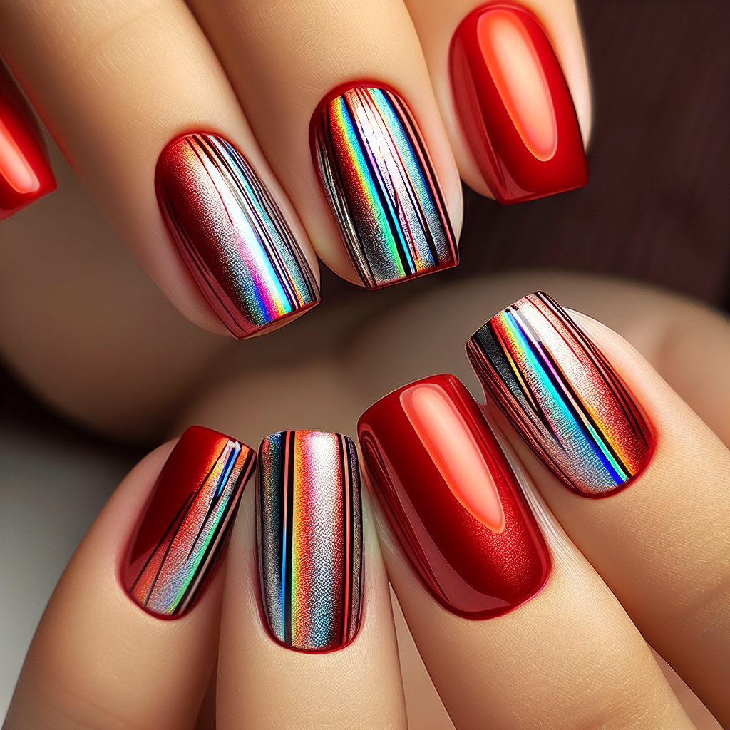 Red nails with silver holographic stripes