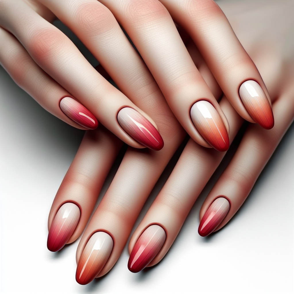 Red to nude gradient glossy nails