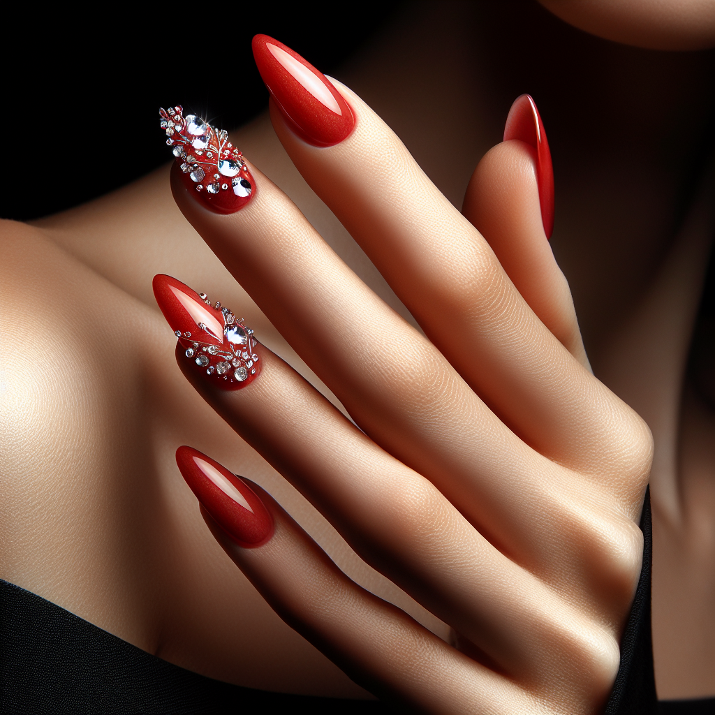 Red stiletto nails with rhinestones