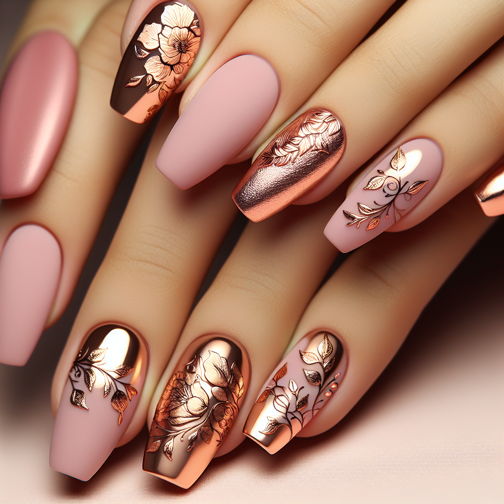 Rose gold foil nails with floral design