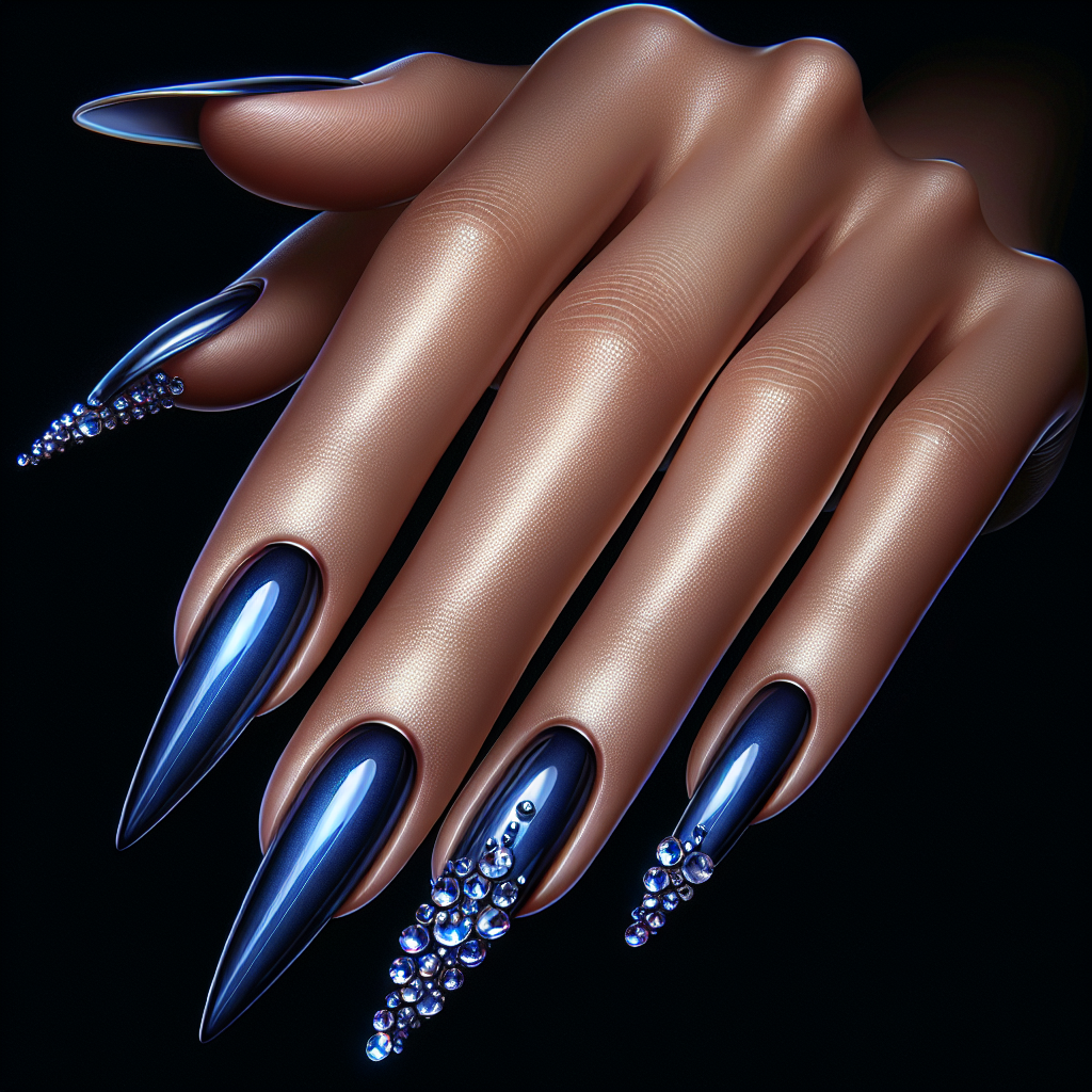 Glossy royal blue nails, rhinestone tips.