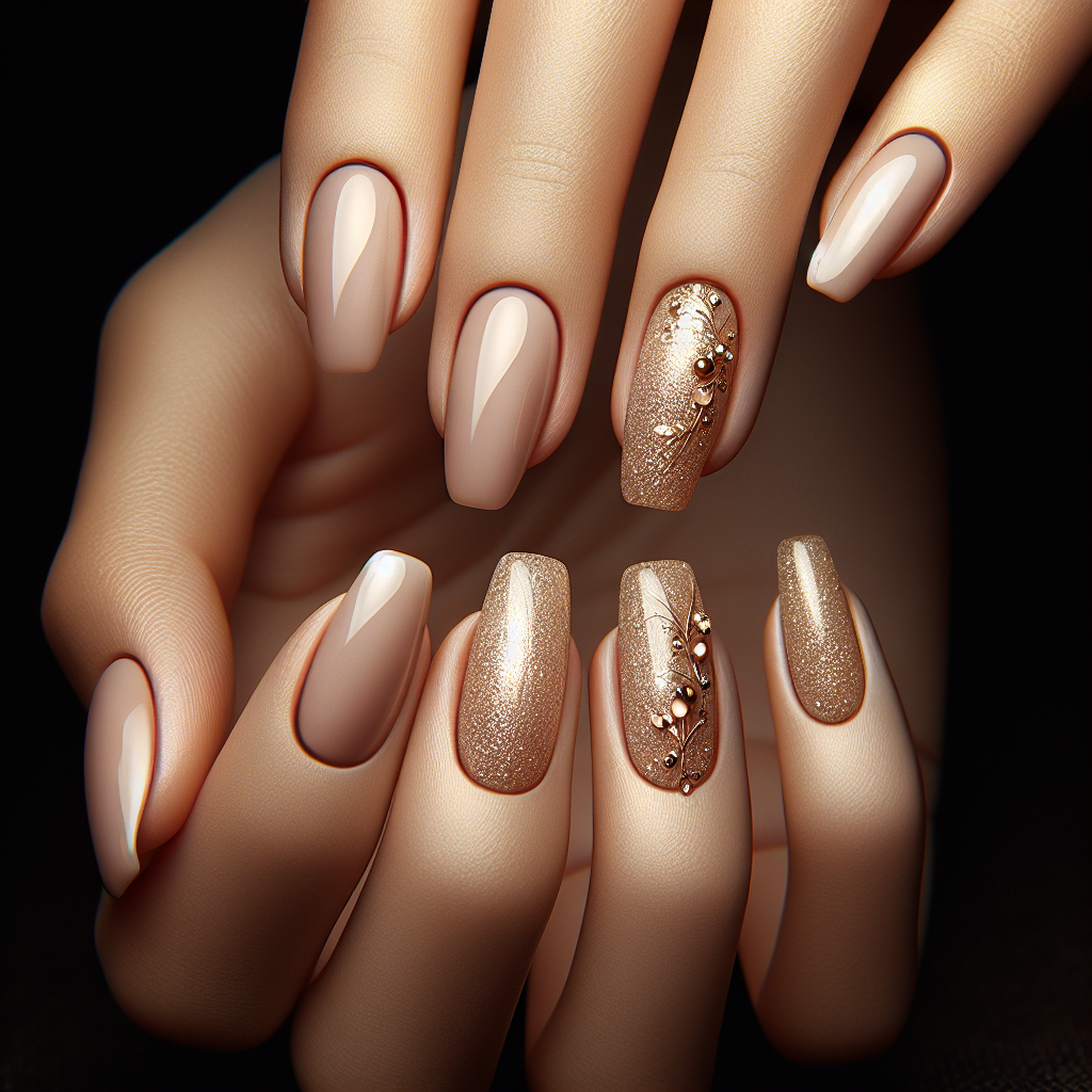 Beige nails with gold glitter tips.