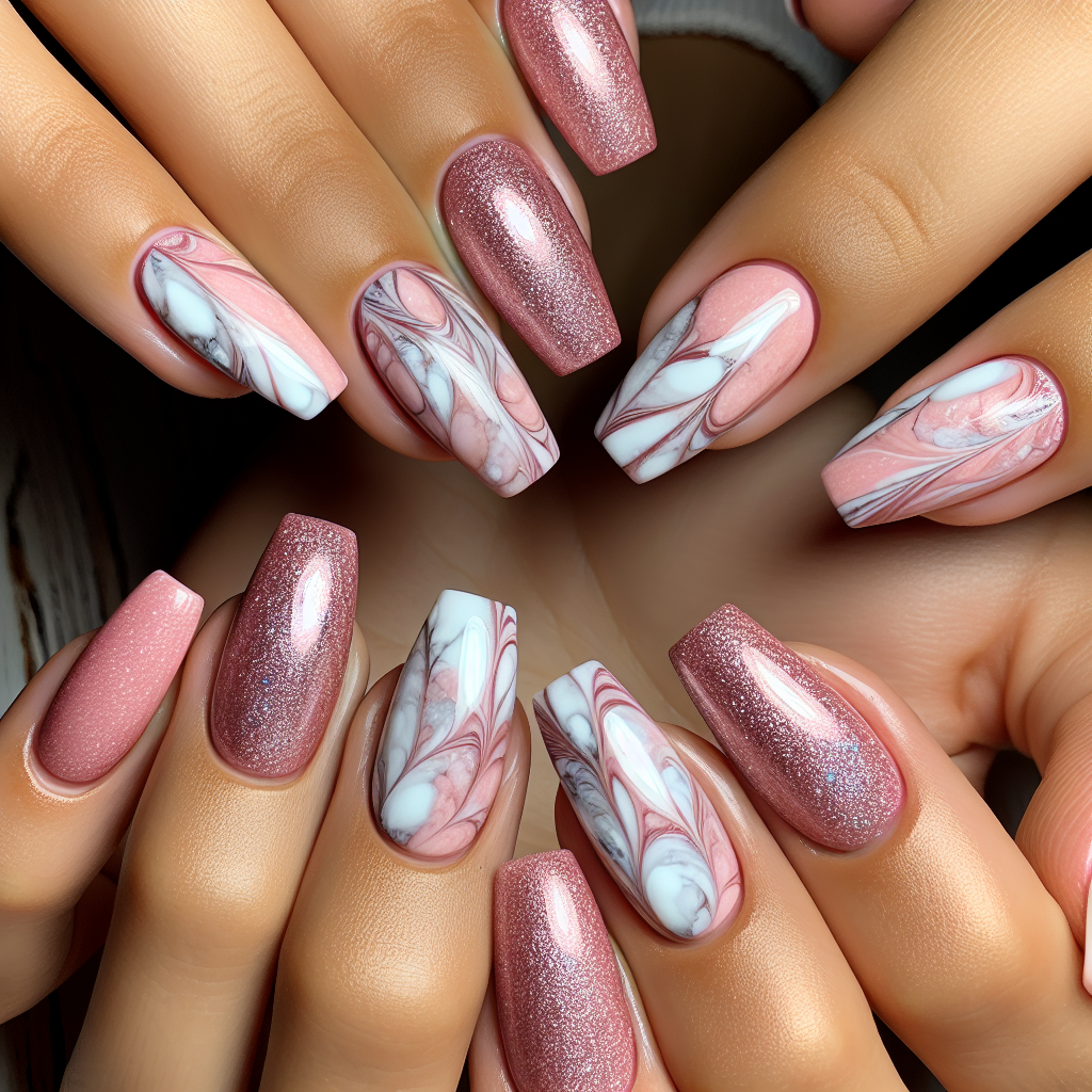 Pink marble nails with white accents