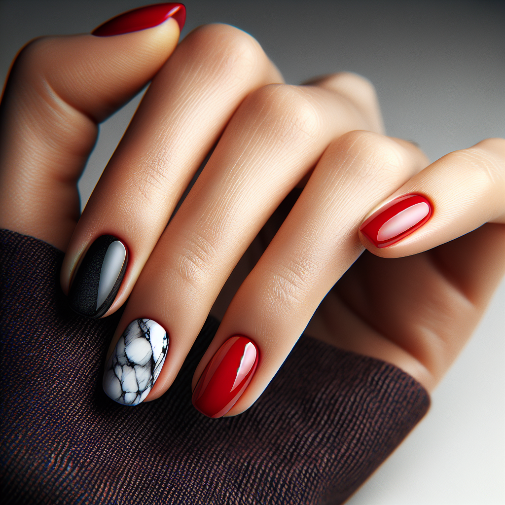 Shiny red nails with marble accent