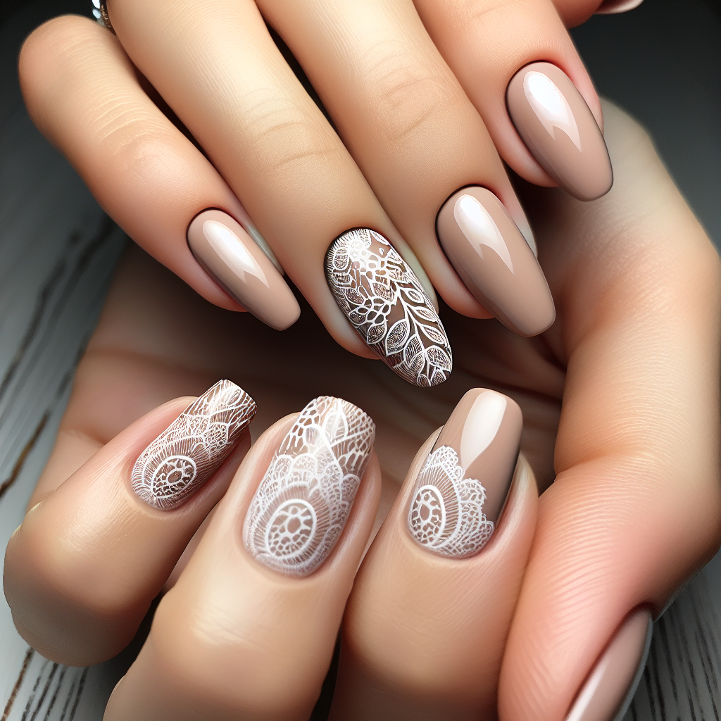 Nude nails with white lace accent.