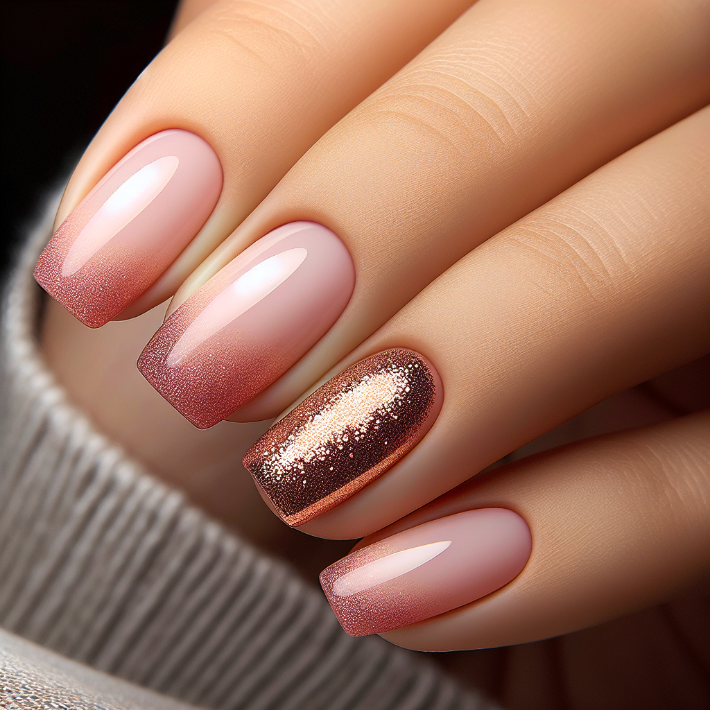 Soft blush pink nails with rose gold glitter.