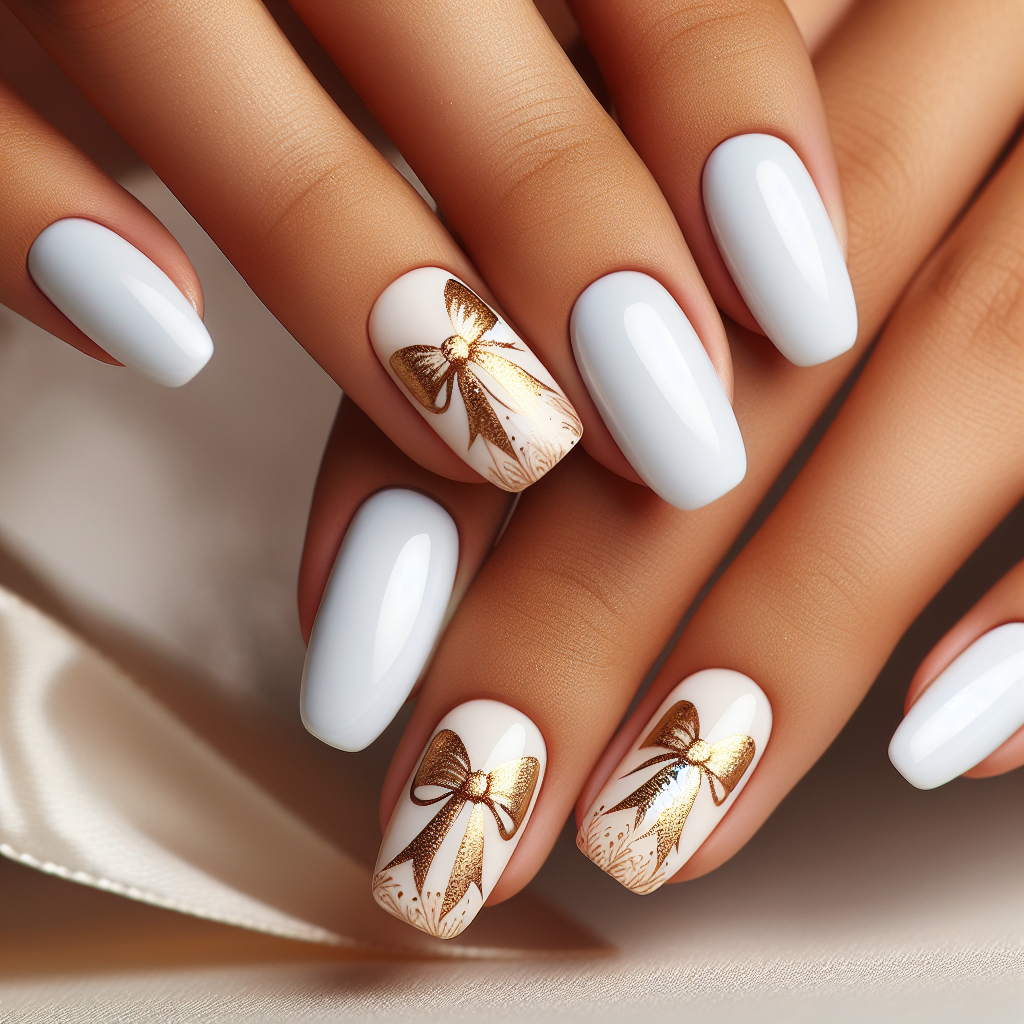 Soft white nails with gold bow design