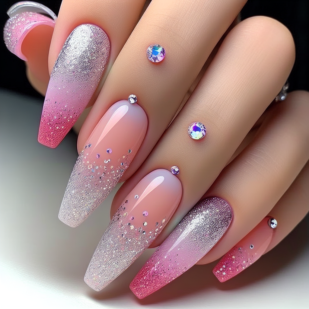 Alt tag: Sparkling ombre pink nails with glitter and rhinestones