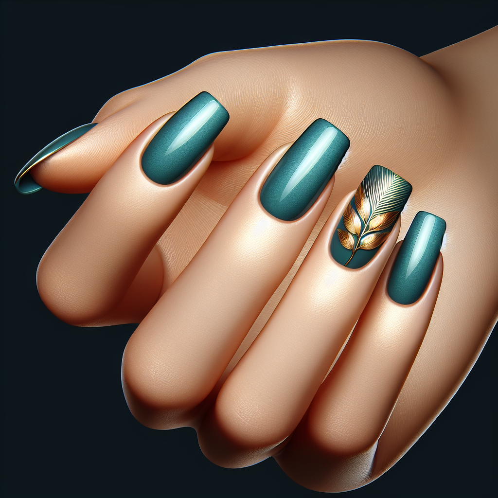 Bright teal nails with gold tropical leaf accents