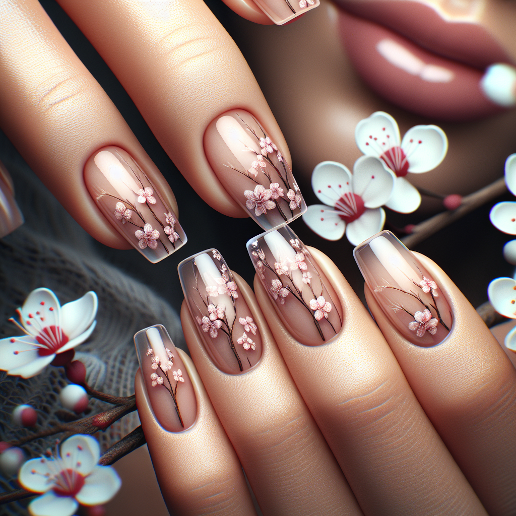 Tiny cherry blossoms on clear nails