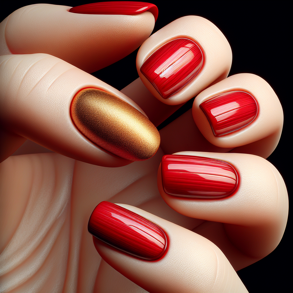 Red oval nails with gold accent