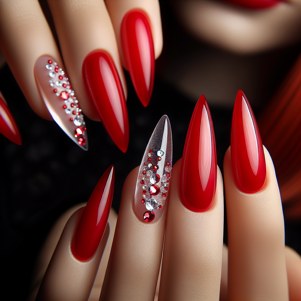 Red stiletto nails with clear stripe and rhinestones