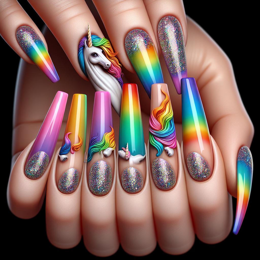 Rainbow nails with unicorn accents