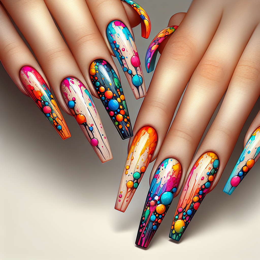 Hand with bright, abstract coffin nail art