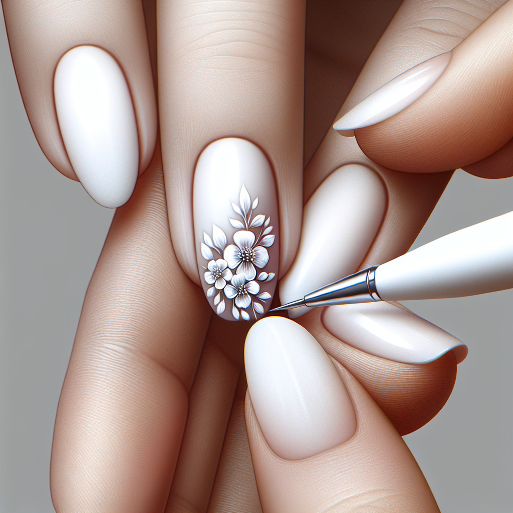 White nails with floral designs.