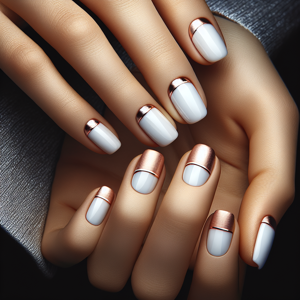 White nails with rose gold stripe.