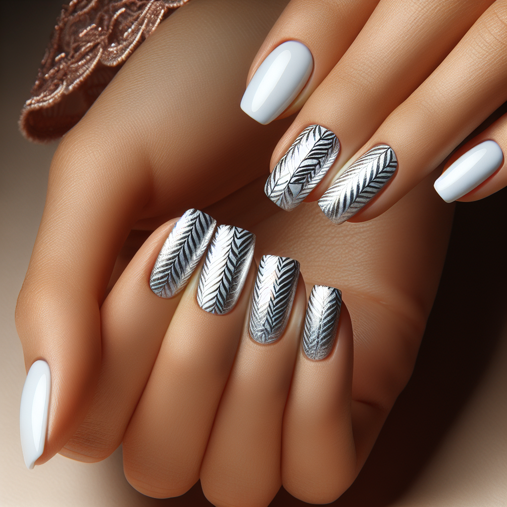 White nails with silver weave pattern.