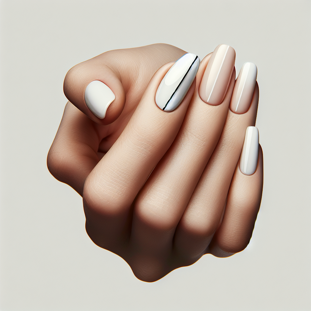 White nails with black stripe on ring finger.