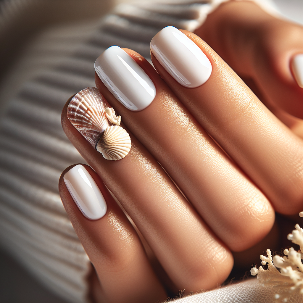 White nails with seashell design.