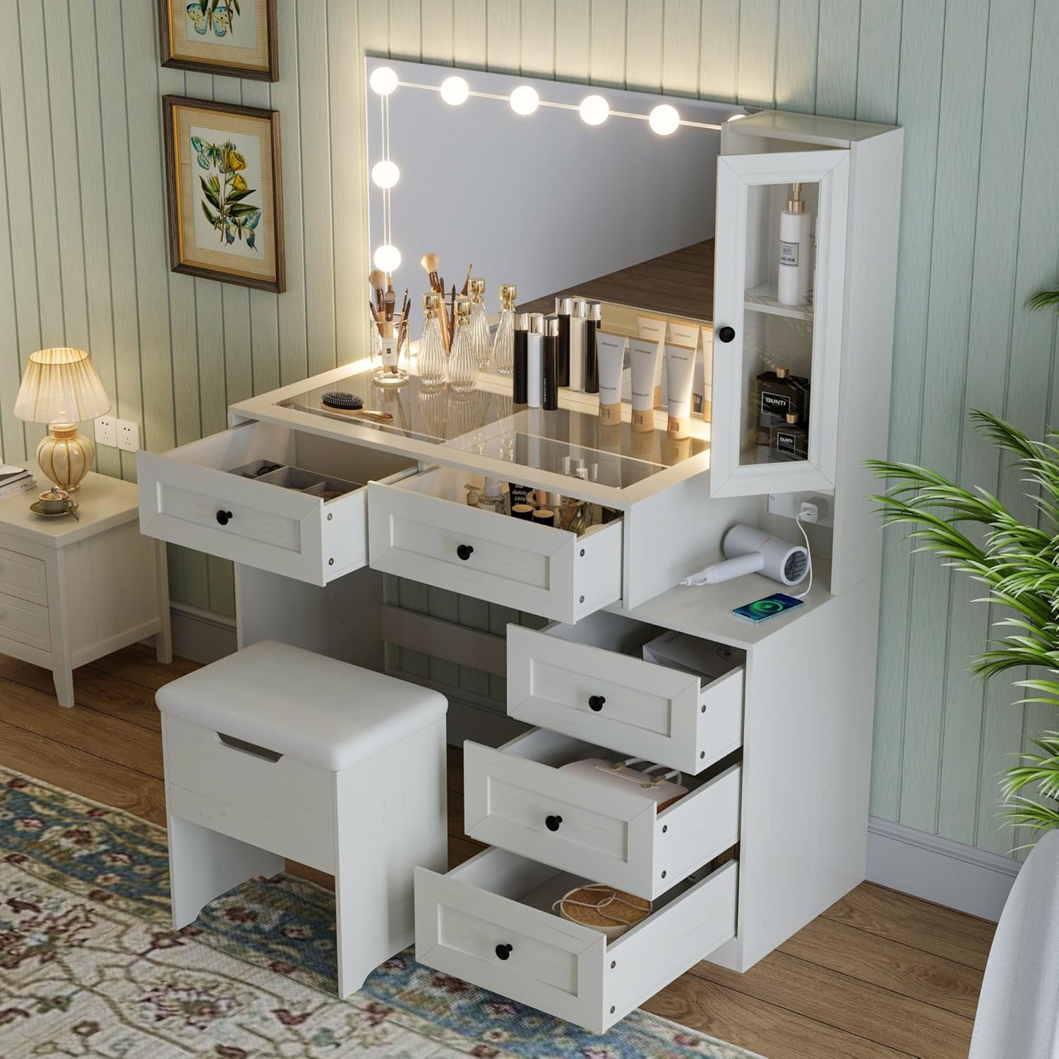 Farmhouse Mirror Large Vanity Desk with LED Bulbs