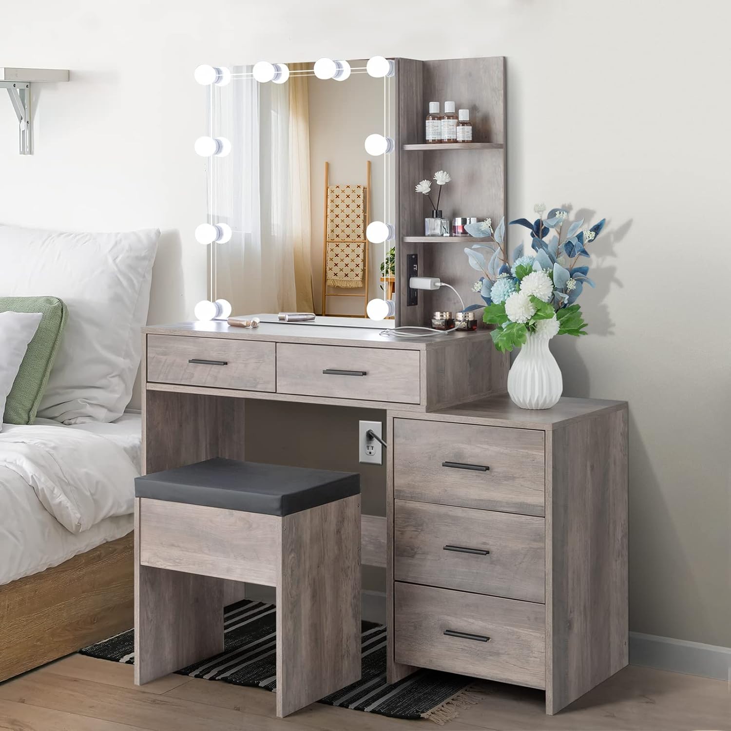 VINGLI Vanity Desk with Sliding Mirror & Lights