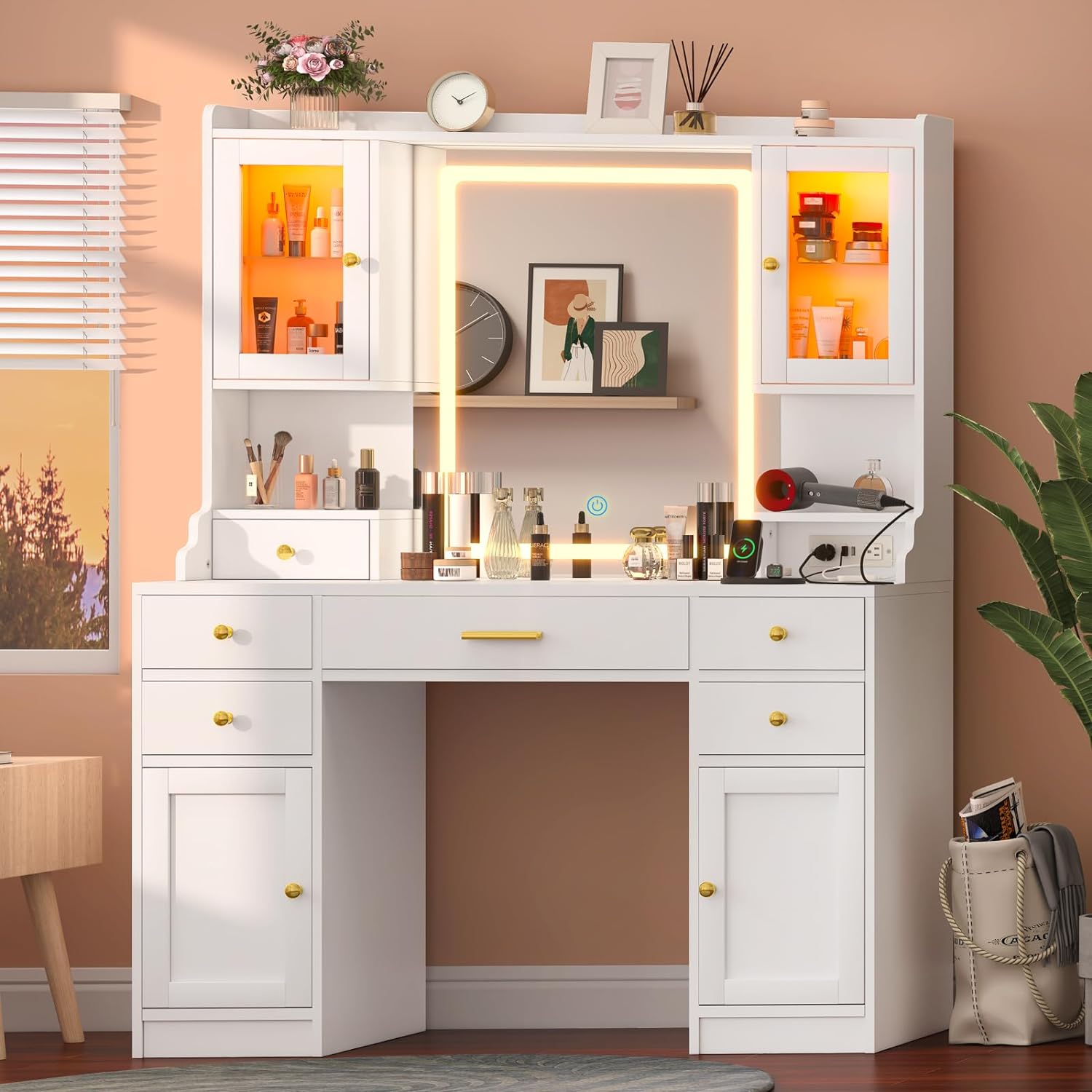 White Vanity Desk with Mirror, Lights, and Charging Station