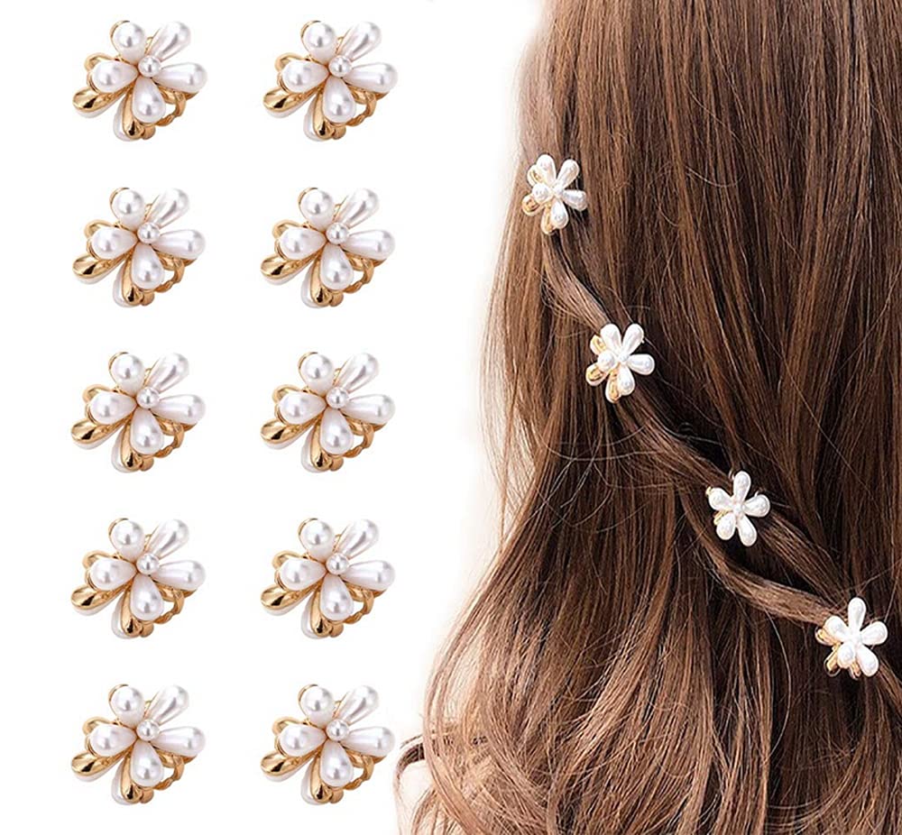 10 Pcs Small Mini Pearl Claw Clips with Flower Design, Sweet Artificial Bangs Clips Decorative Hair Accessories