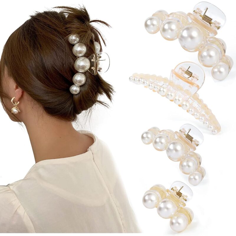 Mehayi 4 PCS Large Pearl Hair Claw Clips for Women Girls, Hair Barrette Clamps for Thick Thin Hair, Fashion Hair Accessories