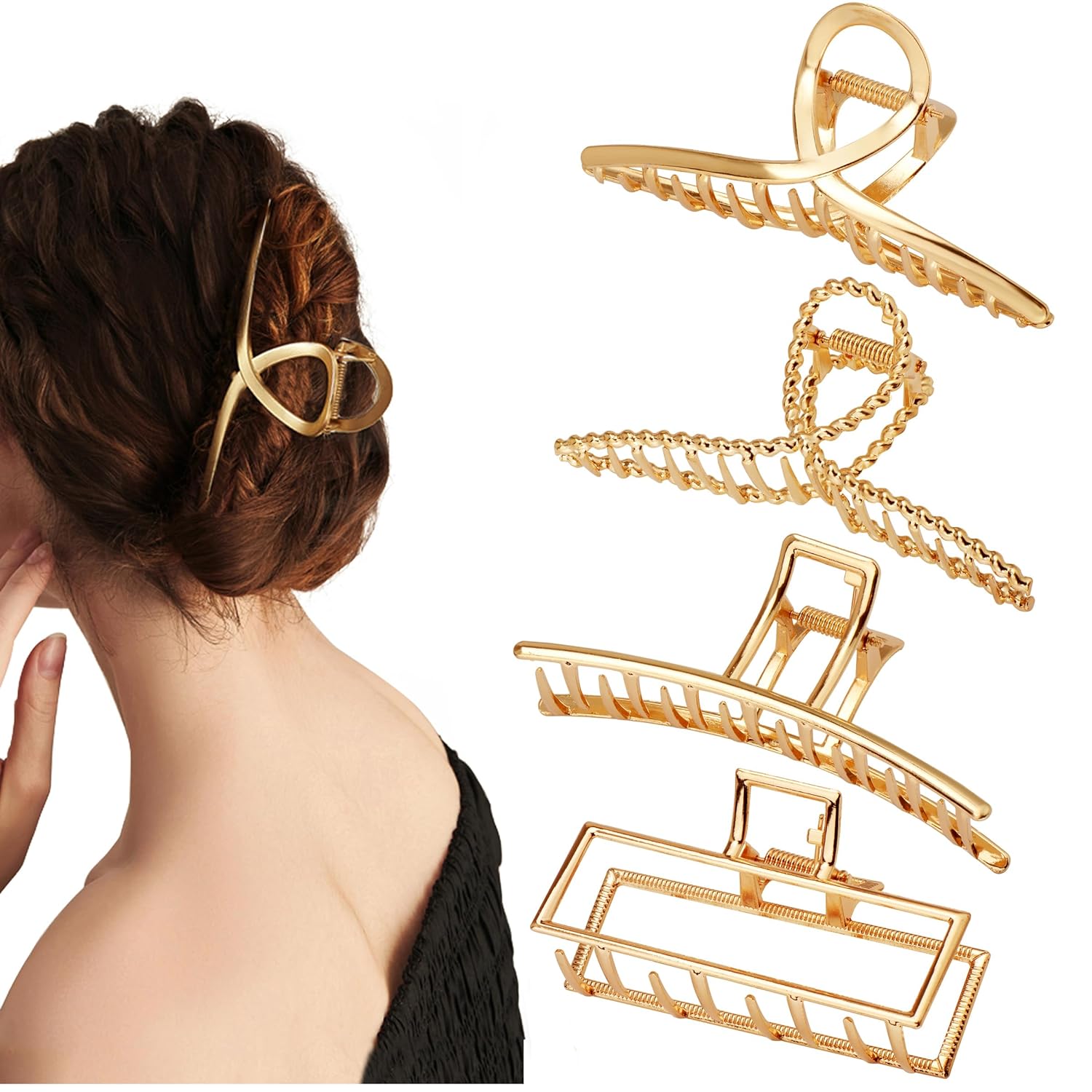 4 Pack Large Metal Hair Clips for Women and Girls, 4.3 Inch Big Nonslip Gold Color Clamps, Perfect Fashion Jaw Claw Hair Styling Accessories for Thick Hair