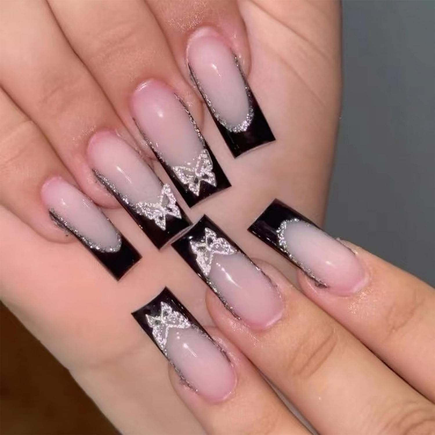 Black French Tip Press on Nails Long Coffin Fake Nails With Butterfly Charms Square Black False Nails 3D Silver Butterflies Rhinestones Glitter Nail Tip Design Acrylic Glue