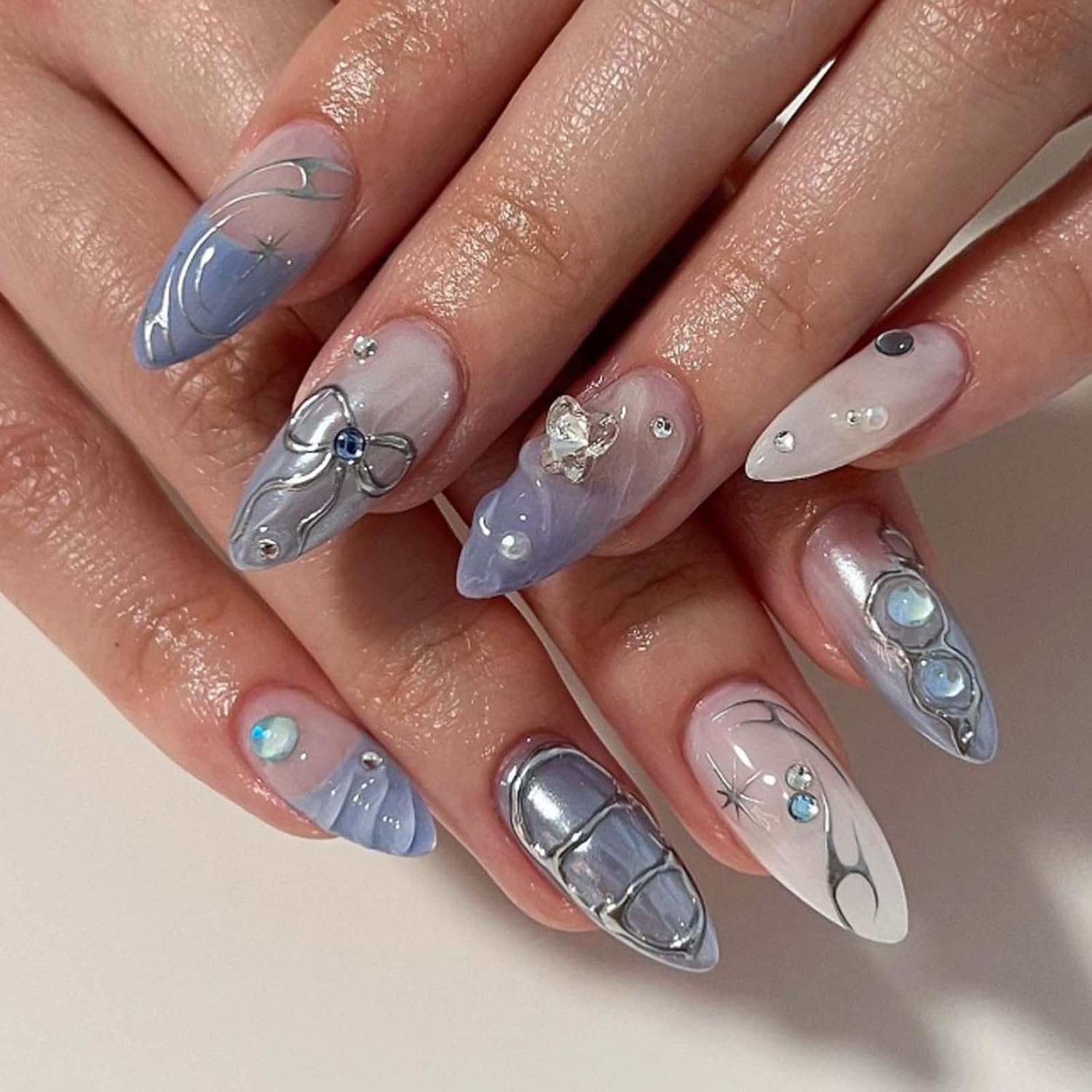 Blue Fake Nails Medium Press on Almond Nails Butterfly Full Cover Acrylic Gradient Fake Nails