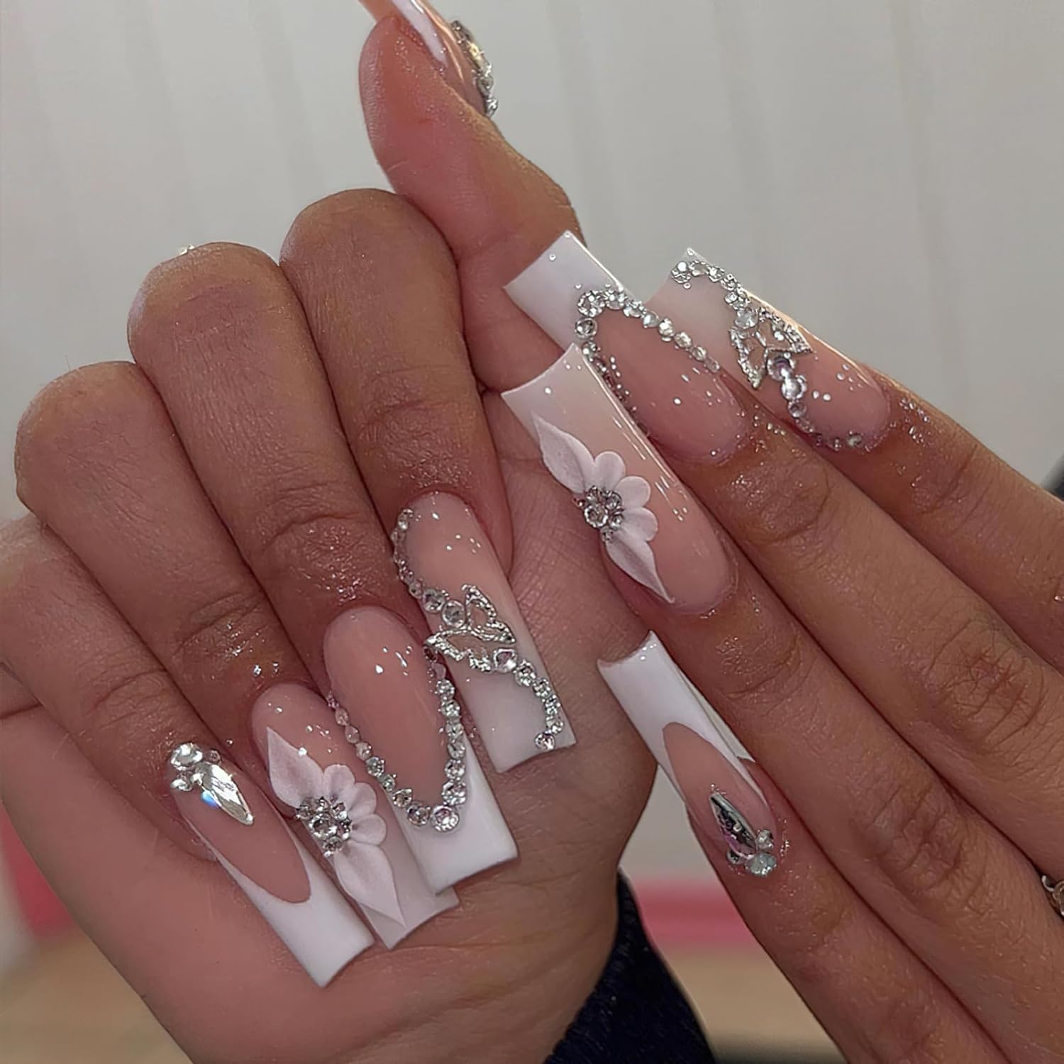 French Tip Press on Nails Long Square Fake Nails Glossy Nude False Nails with 3D Rhinestones Design White French Tip Glue on Nails Flower Butterfly Nail Charms