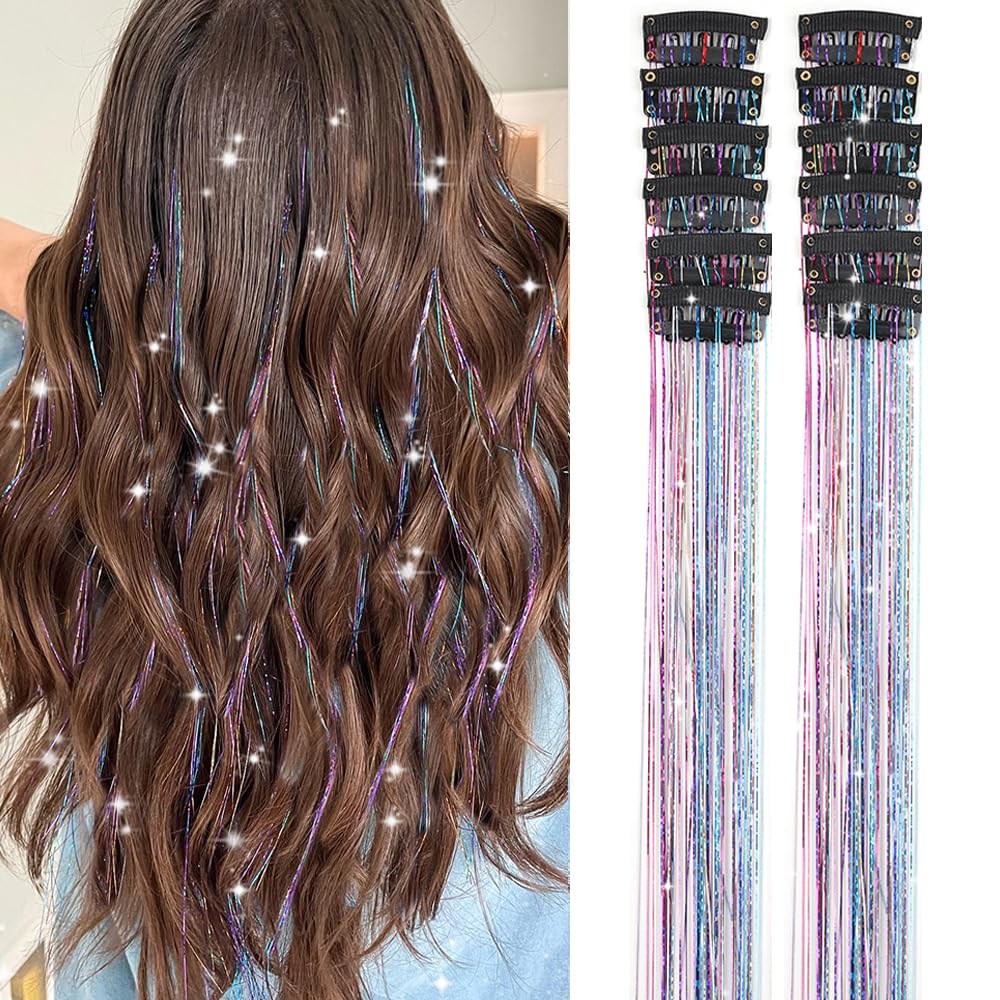 Hair Tinsel Pack of 12 Pcs Clip in Hair Tinsel 20 Inch Colorful Glitter Tinsel Hair Extensions Tinsel Fairy Hair Party Dazzle Hair Accessories Strands Kit