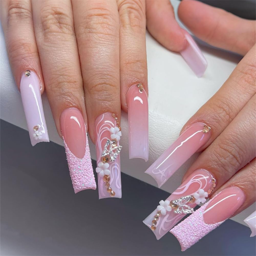 Long Square Press on Nails French Fake Glue on Nails with 3D Flower Alloy Butterfly Design for Women Girls Full Cover Artificial Acrylic False Stick